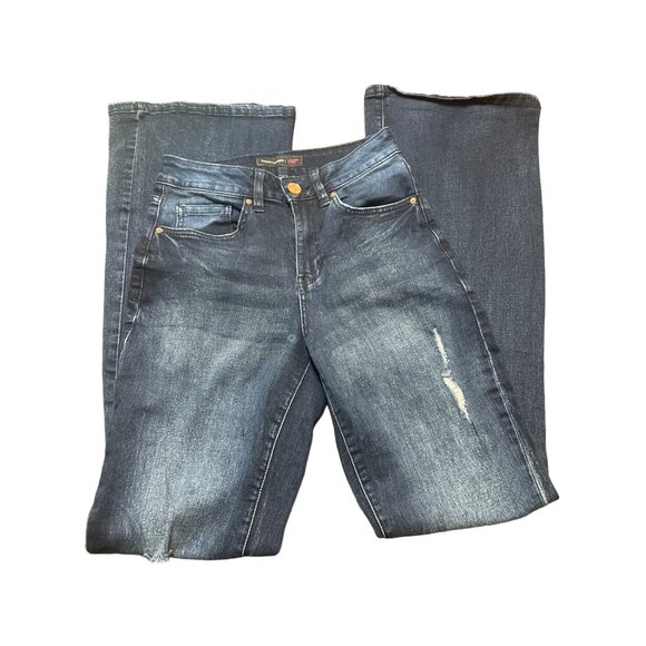 YMI Distressed Flare Leg Jeans Dark Wash No Size Tag See Measurements - Picture 2 of 5